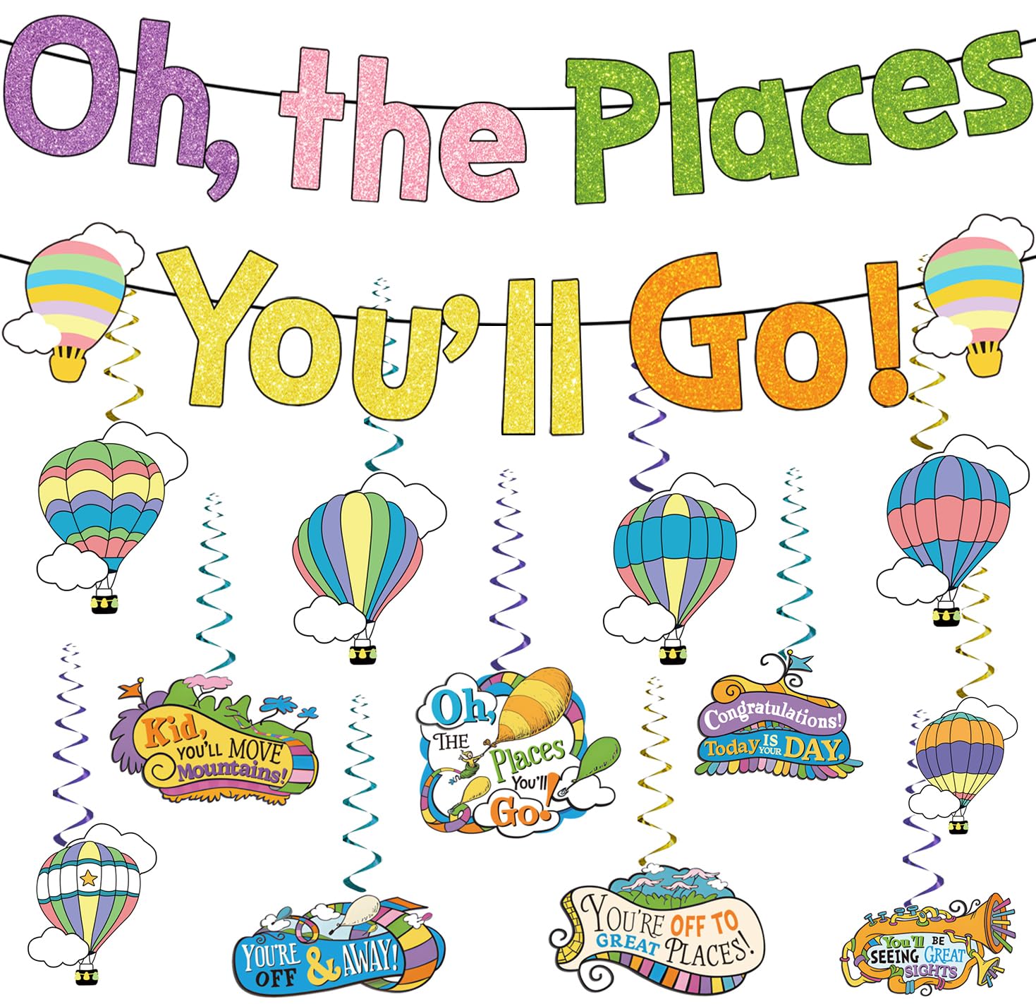 Photo 1 of Oh the Place You'll Go Decorations Banner and Hanging Swirls No DIY Dr Seu Congratulations Today is Your Day Party Hanging Decor Indoor Outdoor