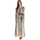 Elegant Long Sweetheart Neck Sequin Panel Godet Dress W/Short Sleeves & Satin Sash