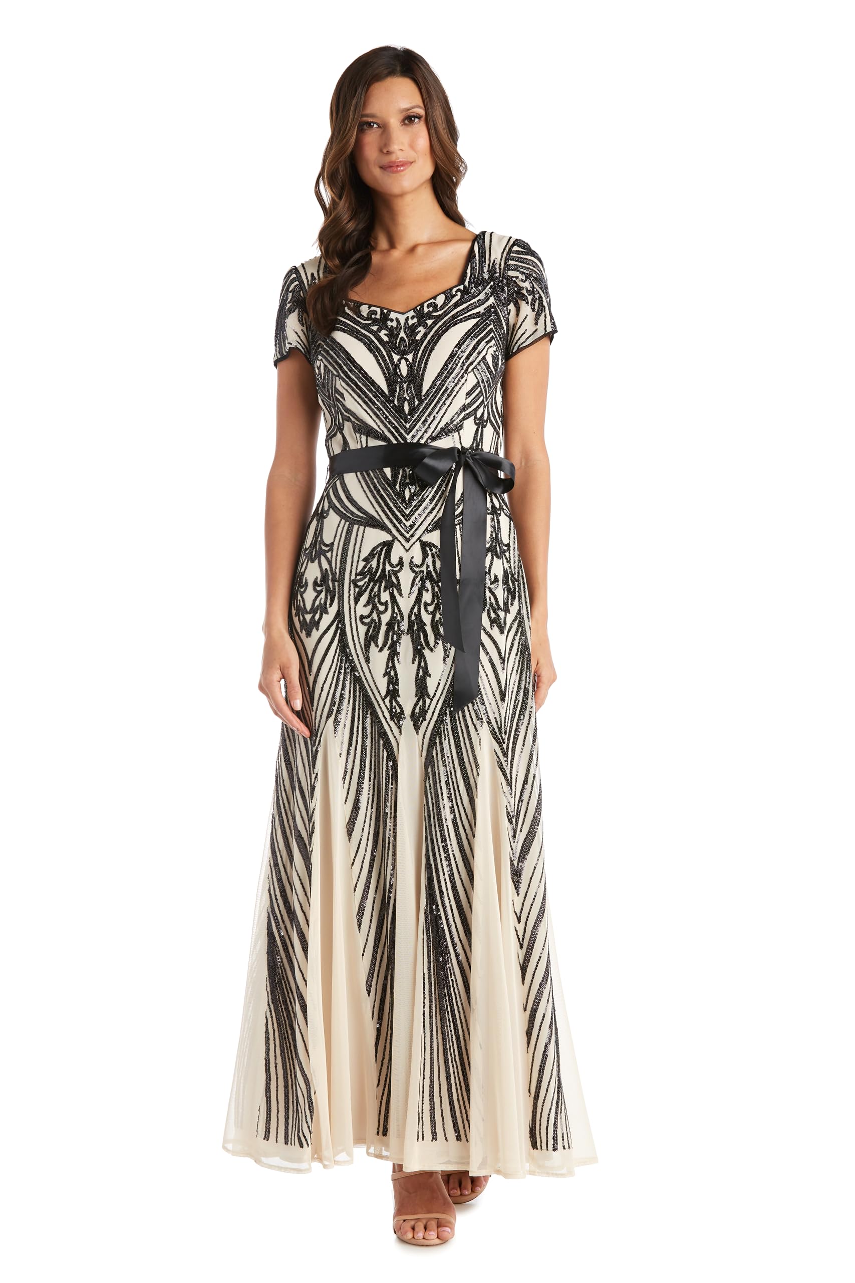 R&M Richards Women’s Sweetheart Neck Sequin Panel Godet Maxi Dress W/Short Sleeves & Satin Sash – Cocktail & Party