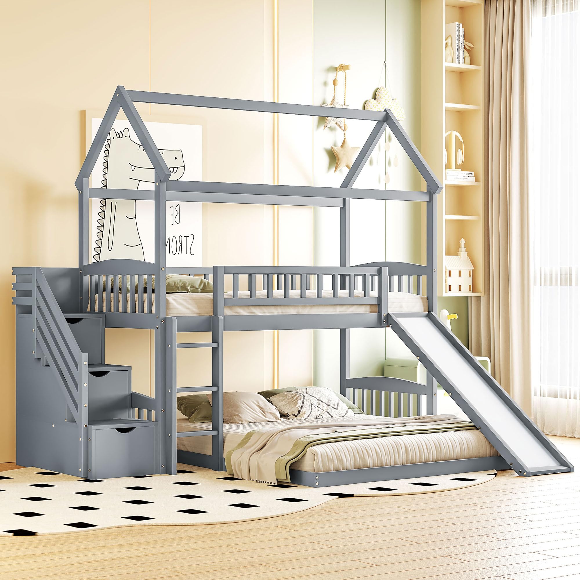 Photo 1 of ****BOX 2 OF 2 ONLY**MISSING BOX***House Loft Bunk Bed Frames with Slide, Stairs and Storage Drawers No Box Spring Needed, Gray, Twin Over Twin with Bottom Beds