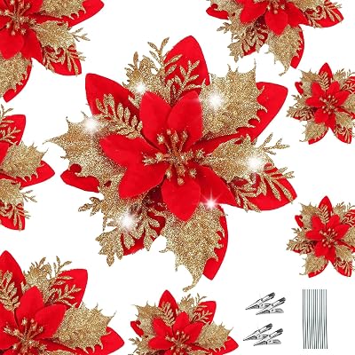 WUBAYI Glitter Artificial Poinsettia Flowers with 12 Stems & Clips, Gold Red