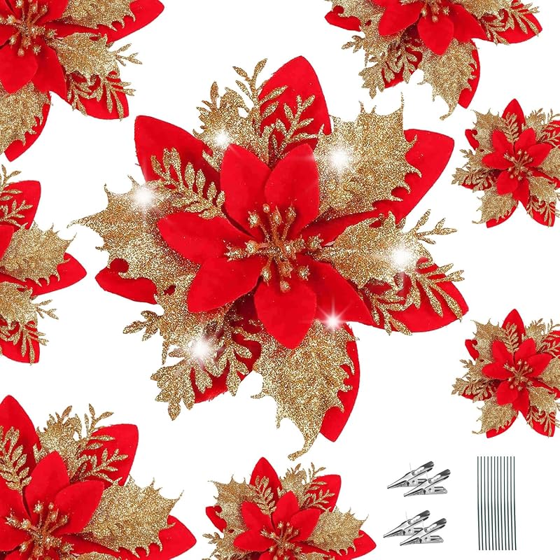 WUBAYI Glitter Artificial Poinsettia Flowers with 12 Stems & Clips, Gold Red