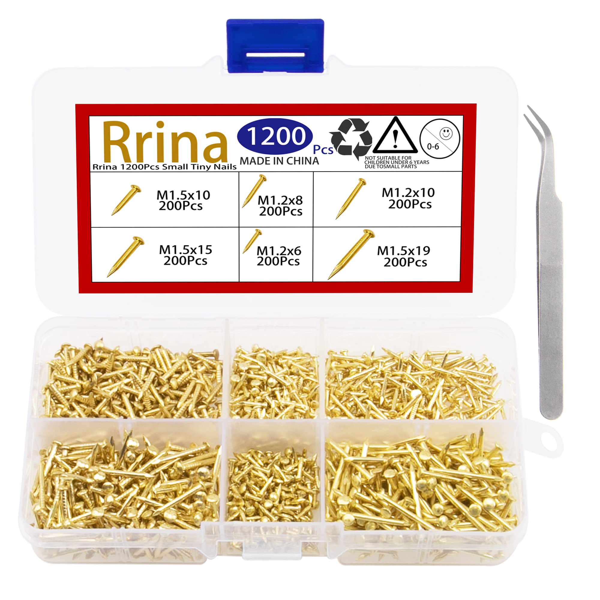 Photo 1 of Rrina 1200Pcs Small Tiny Nails Carbon Steel Brass Plated for Wooden DIY Micro Mini Nails M1.2/1.5 Assortment Kit 6 Sizes