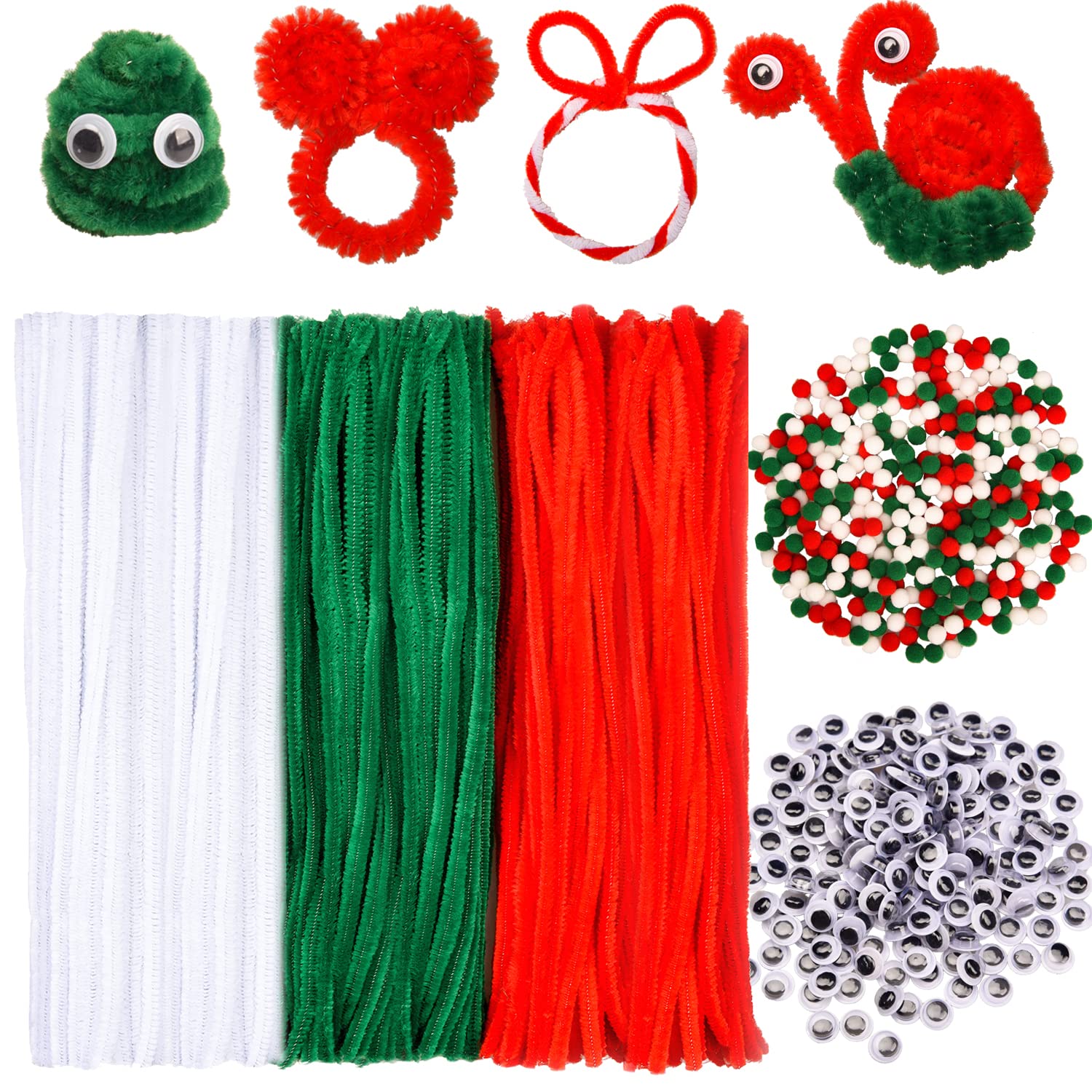 XNHIU 750 Pieces Christmas Pipe Cleaners Craft Set 150 Pieces Red Green White Pipe Cleaners Chenille 300 Pieces Googly Eyes 300 Pieces Pom Poms for Christmas DIY Craft Supplies (Red Green White)