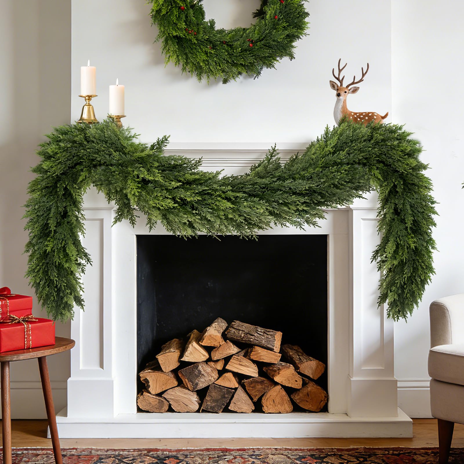 Photo 1 of 6FT Lush Christmas Cedar Garland Real Touch Artificial Realistic Soft and Thickness Greenery Faux Cedar Pine Garland for Home Fireplace Table Indoor Outdoor Holiday Christmas Decoration