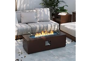 UPHA 42-inch Outdoor Propane Gas Fire Pit Table 50000 BTU Iron Rectangle Fire Pit for Outside Patio with Propane Tank Cover, Wind Guard, Removable Lid, Blue Fire Glass, Rain Cover, Brown