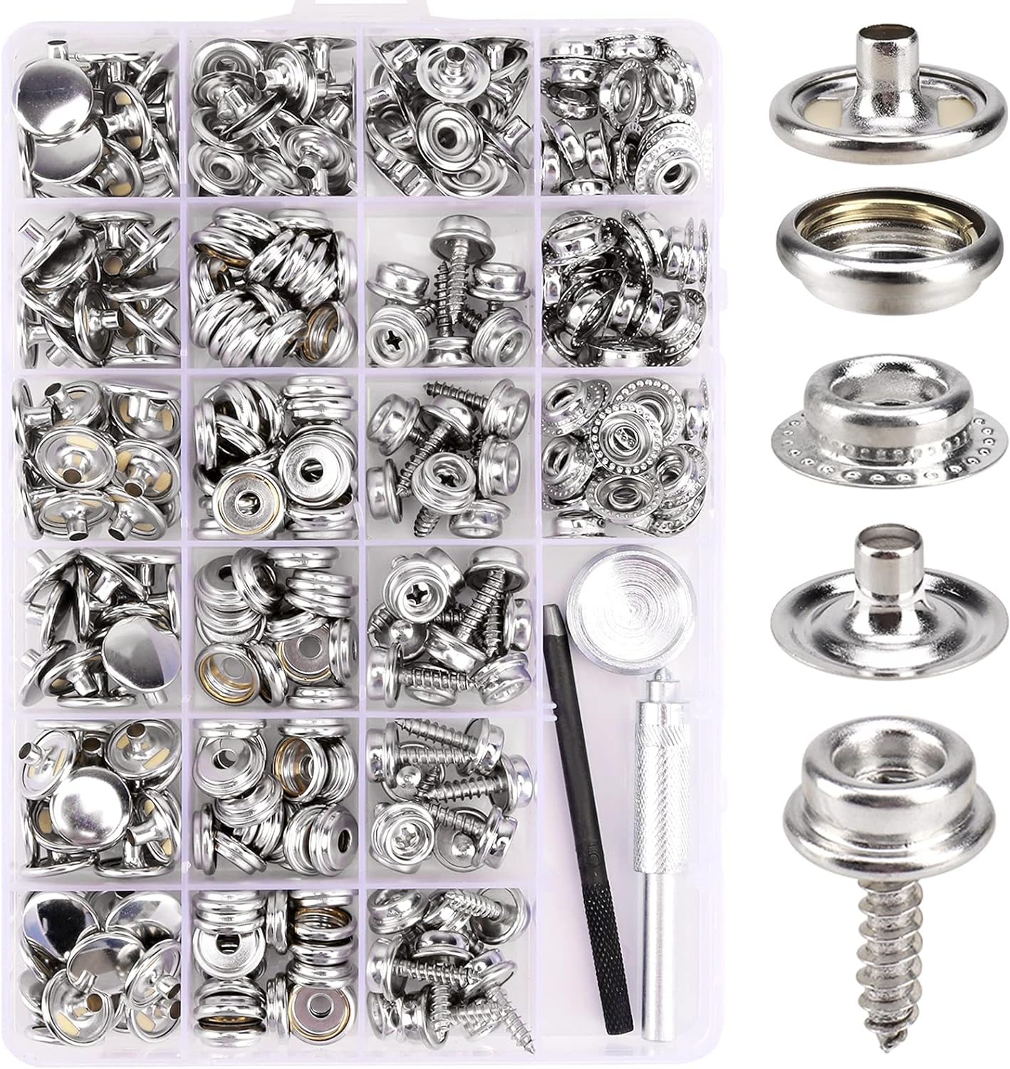 323 Piece Canvas Snap Kit, Meifuly Marine Grade Stainless Steel (Caps, Sockets, Screws, Fabric Base Components) for DIY Cover, Canvas Snap Kit with Material Hole Punch and Setting Tools