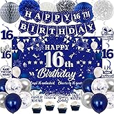 16th Birthday Decorations for Boys Girls, Blue Silver Sweet 16th Birthday Party Decorations, Happy 16th Birthday Backdrop, Banner, Balloons, Pompoms, Hanging Swirls, Birthday Card, Cake Topper 54pcs