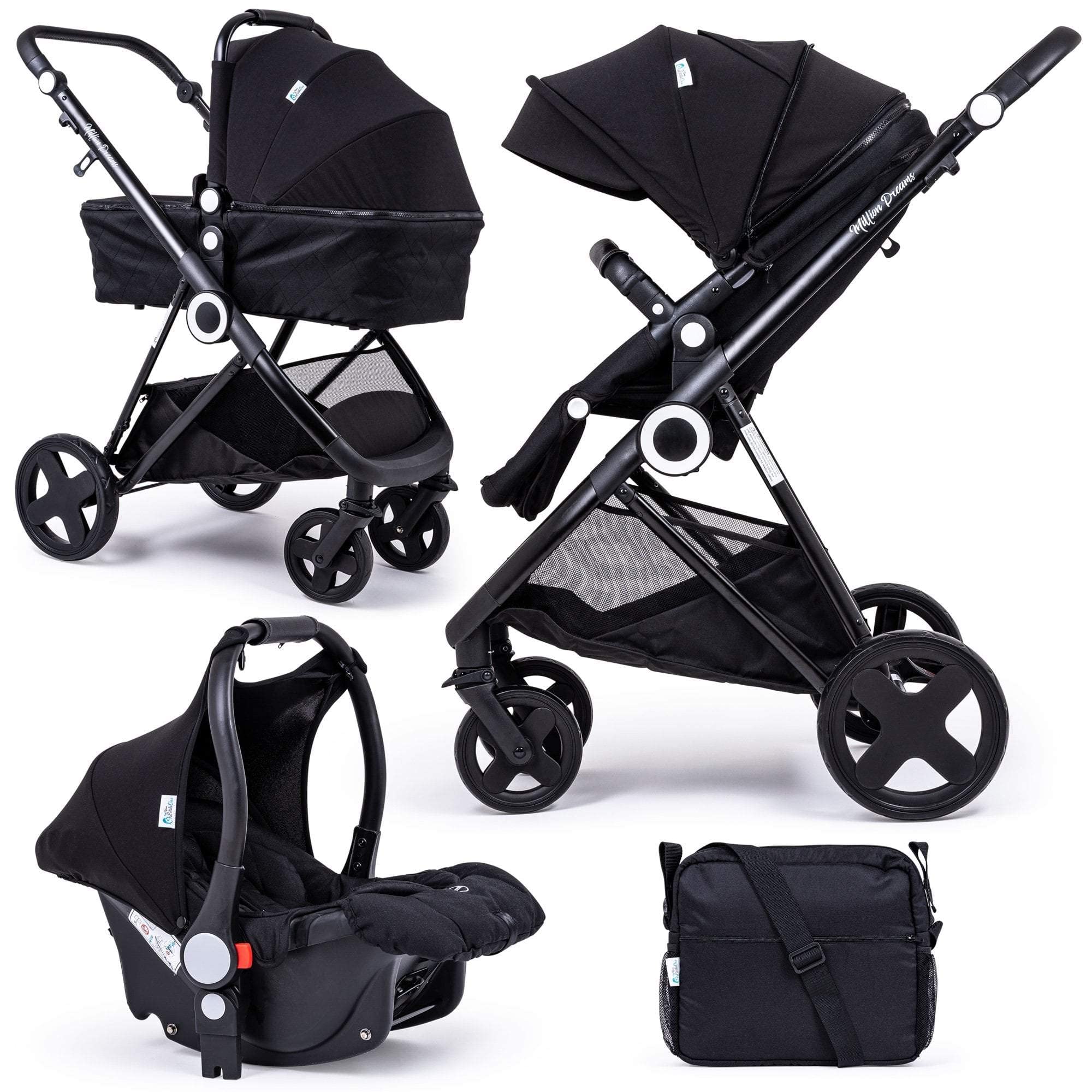 For Your Little One Million Dreams 3 in 1 Travel System, Group 0 Car Seat + Carrycot, Mattress from Birth, Buggy with Lying Function, Changing Bag, Large Basket, Small Folding, Black