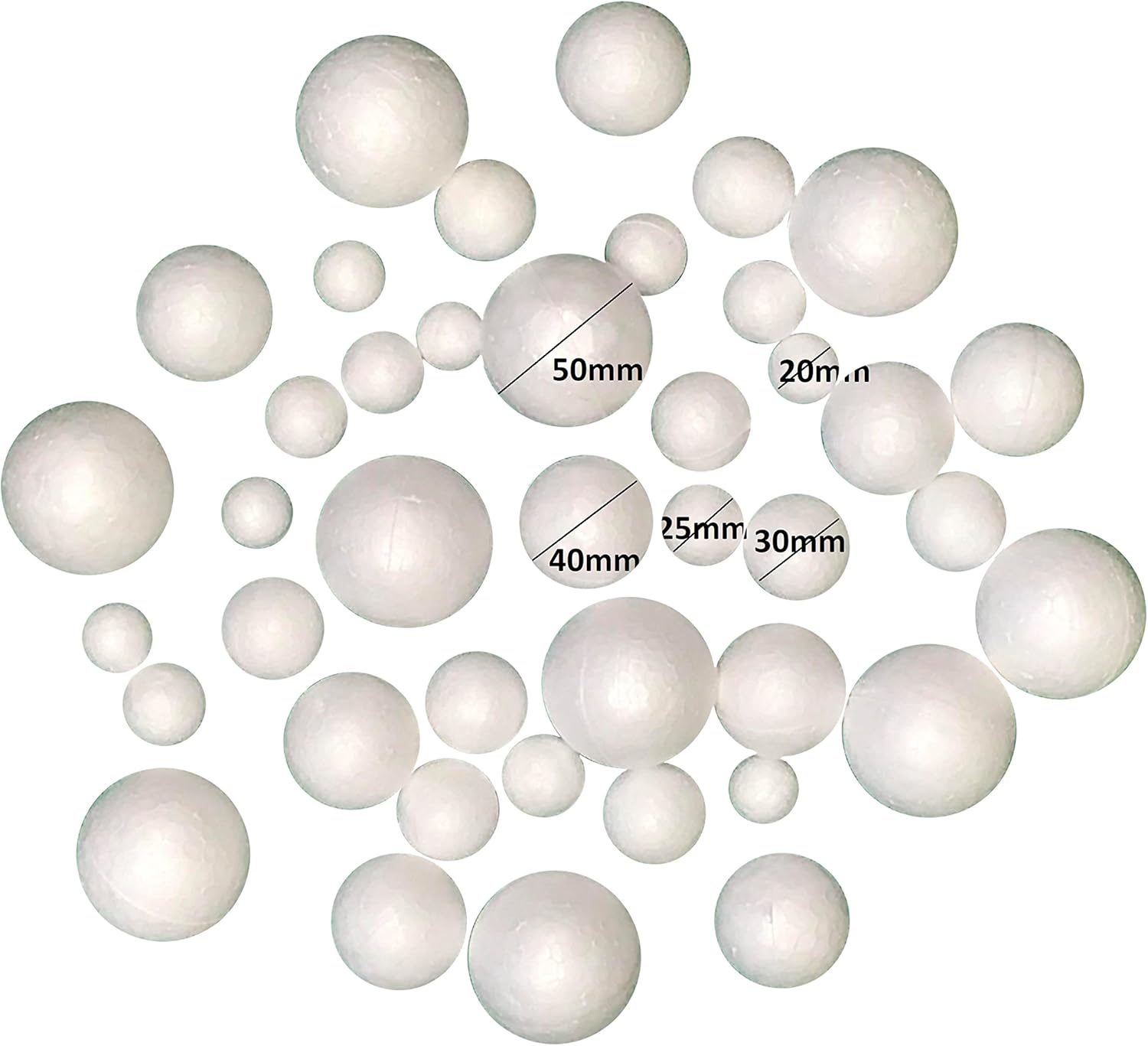 50 White Solid Polystyrene Balls For Crafts 5 Sizes 50mm 40mm 30mm 25mm ...