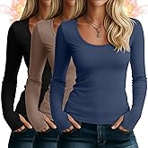 Riyiper 3 Pack Women's Thermal Long Sleeve Shirts, Fleece Scoop Neck Fitted Top Stretchy Thumb Holes Undershirt Baselayer Tee