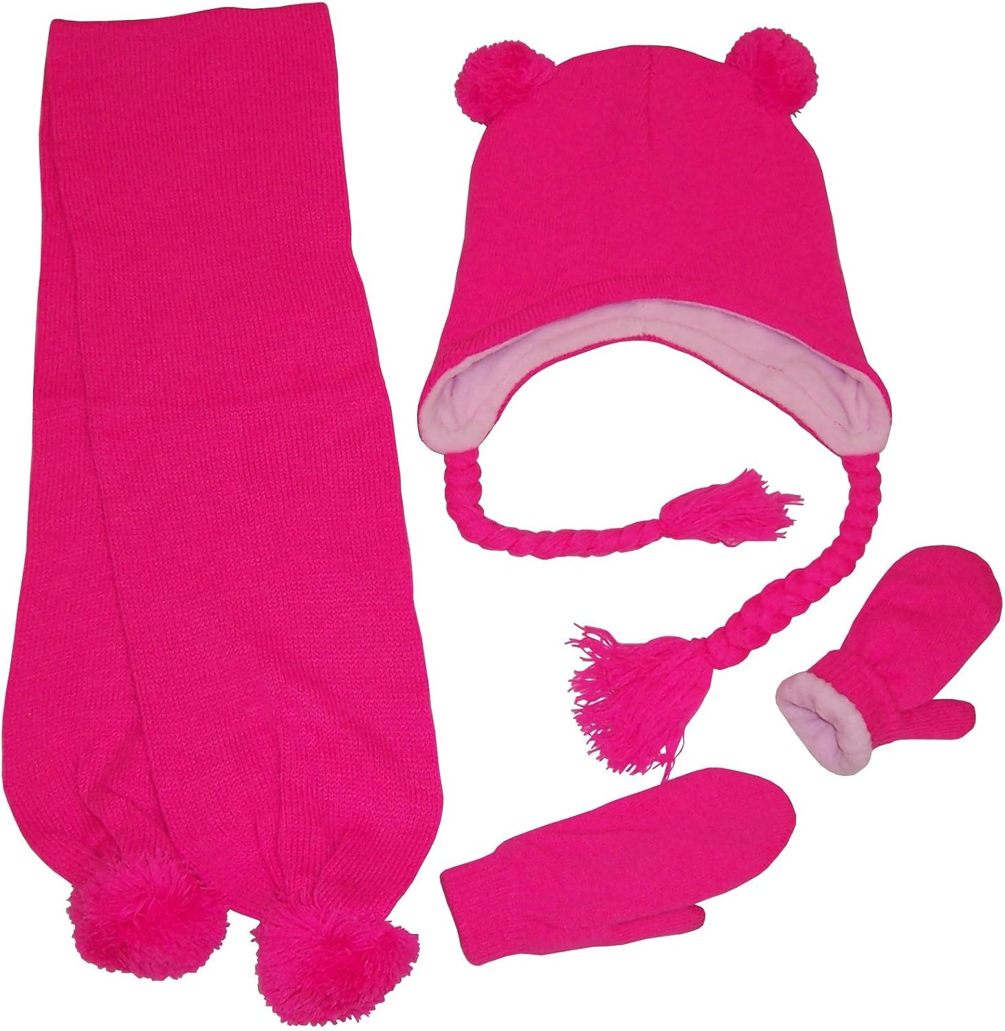 N'Ice Caps Little Girls and Baby Sherpa Lined Knitted 3PC Winter Set with Poms: Clothing