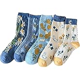 MarJunSep Cute Floral Crew Socks for Women Teen Girls Flower Cottagecore Frilly Vintage Fancy Cotton Socks