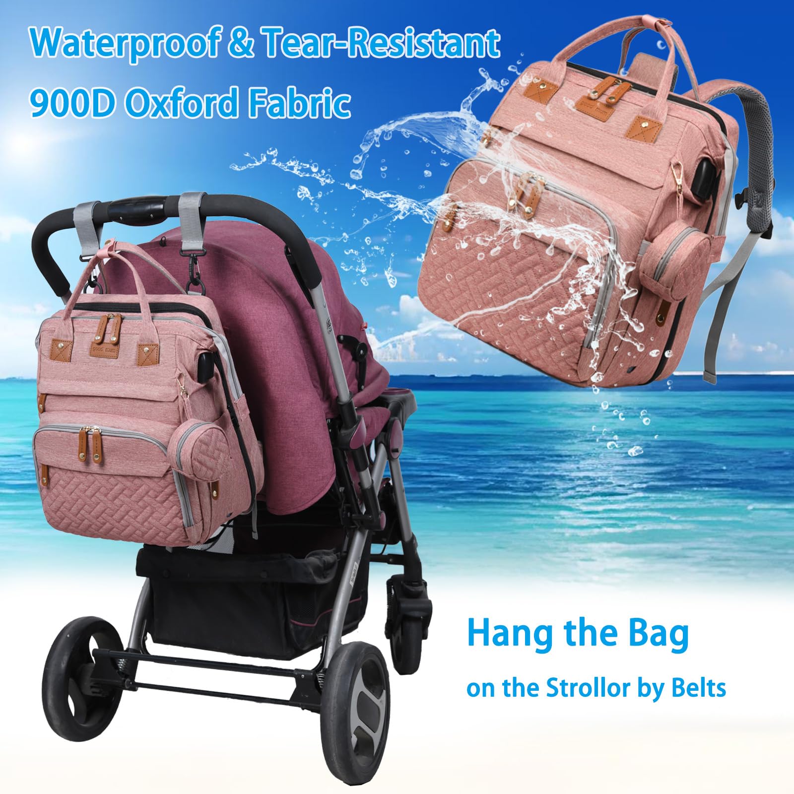 Jeryswet Baby Diaper Bags with Changing Station, Waterproof Large Capacity Diaper Bag Backpack for Moms Dads with USB Charging Port and Stroller Straps, Baby Shower Gifts, Pink