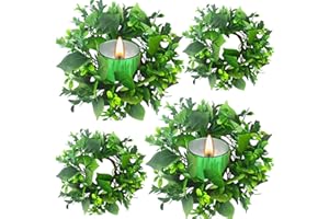 QTKJ 4 Pcs Candle Rings Wreaths, Artificial Green Wreath, Greenery Wreath for Table, Fall Porch Decor, Thanksgiving, Easter（ 4‘’Inner Diameter