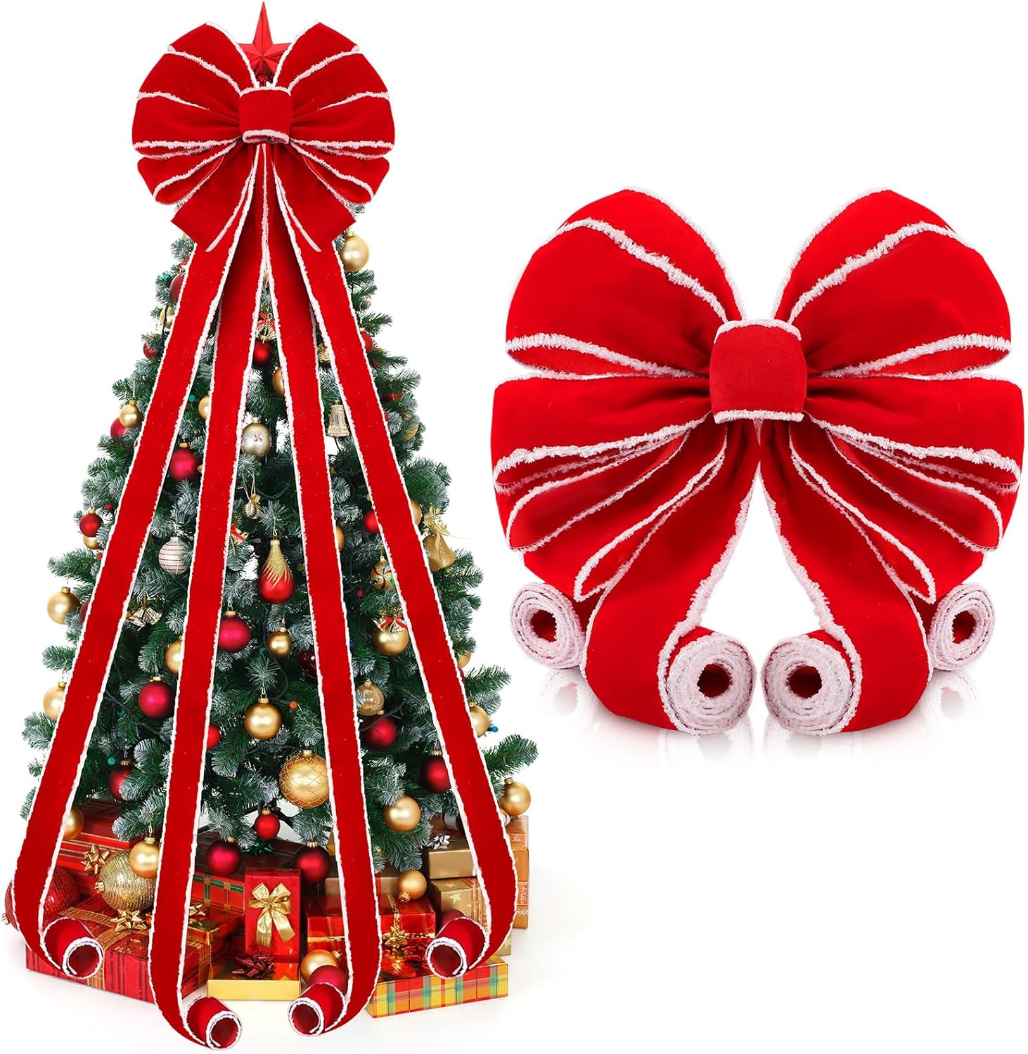 Bows & Ribbons - Ceenna 14.8 x 86.6 Inch Extra Large Christmas Bows Red Velvet Wreath Bow Christmas Tree Toppers Bows with White Edge for Christmas Xmas Holiday Fron