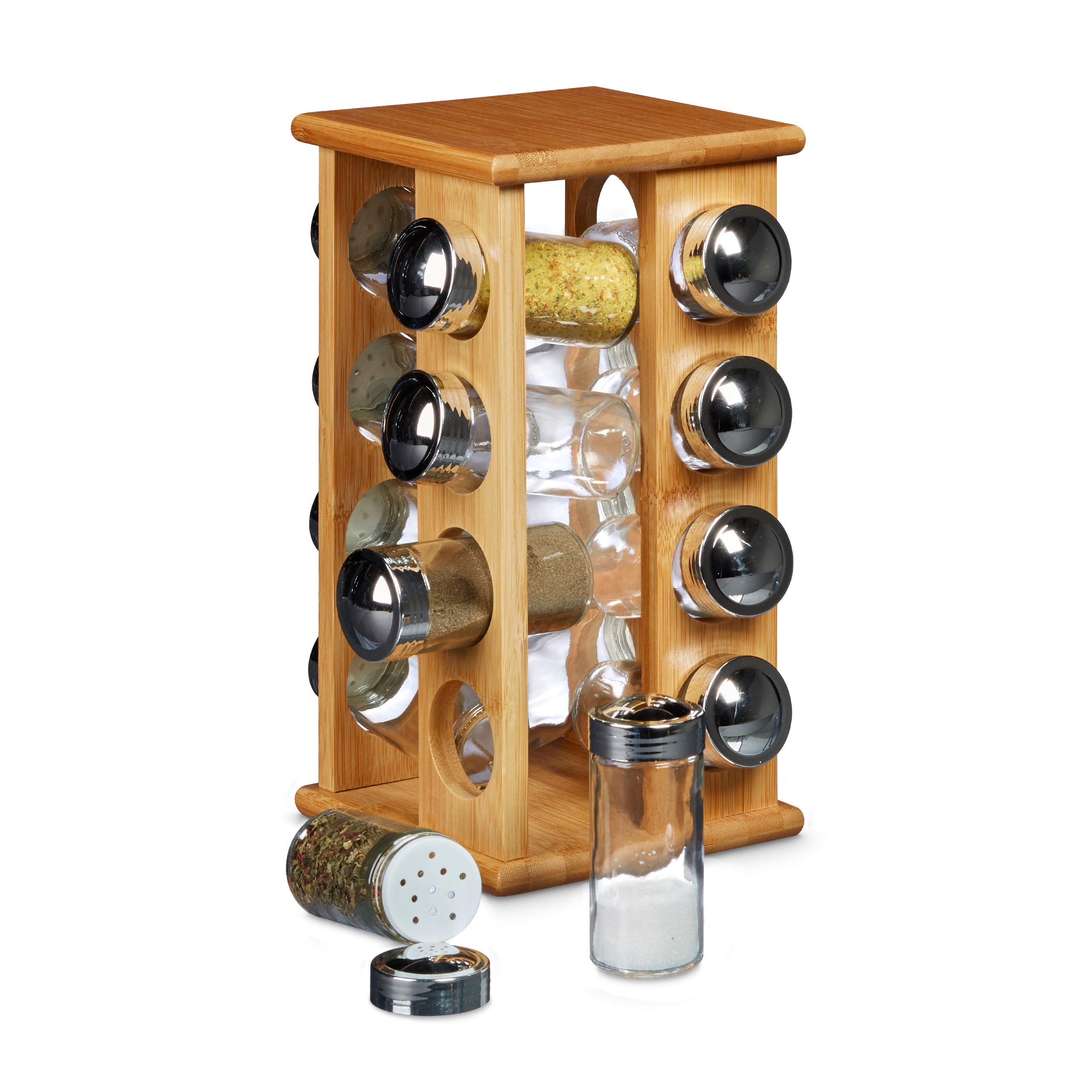 Relaxdays Bamboo Spice Rack with 16 Spice Jars Size: 30 x 19.5 x 19.5 cm Freestanding Wooden Spice Shelf with Spices Holders Spice Carousel made of Wood with Spice Grinder Built-In, Natural Brown