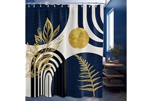 QGHOT Mid Century Modern Navy Blue Shower Curtain Boho Dark Blue and Gold Leaves Shower Curtains for Mens Bathroom Decor Sets, Waterproof Cloth Fabric with Hooks, 70x72in