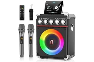 Karaoke Machine, Portable Bluetooth Karaoke Speaker with 2 Wireless Microphone for Adults Kids, PA System with Bass/Treble/Ec