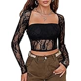 Avidlove Women's Mesh Top Long Sleeve Sheer Blouse See Through Floral Lace Tops