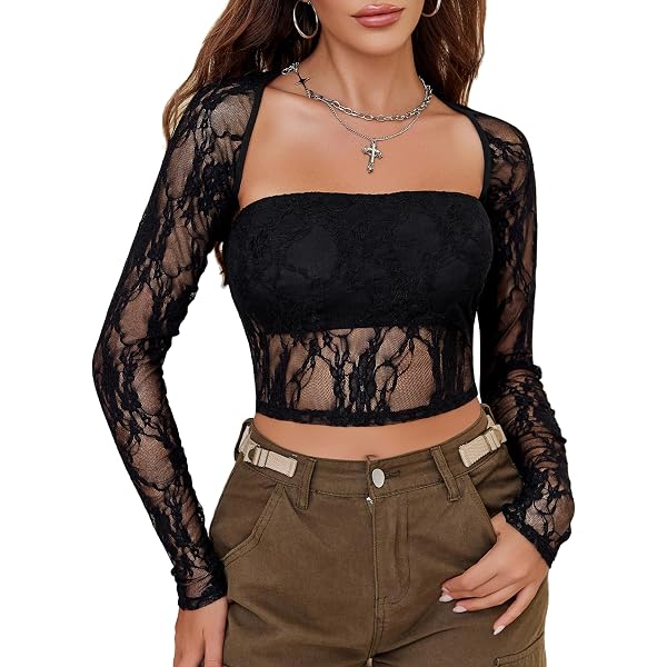 MakeMeChic Women's Floral Mesh Crop Top – Long Sleeve Square Neck Ruched Tee - View #8