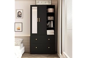 Homsee Wardrobe Armoire Wooden Closet with Mirror, 2 Doors, 2 Drawers, 4 Open Storage Cubes and Hanging Rod for Bedroom, Black (35.5”L x 15.8”W x 70.8”H)