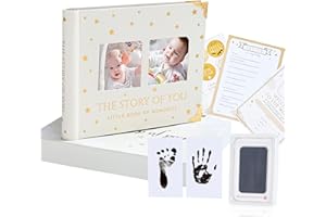 BLUSHY BABY Book Keepsake, Baby Memory Book From Pre-Birth to 5th Year, with 2 Photo Pockets, Milestone Stickers, Hand/Footpr