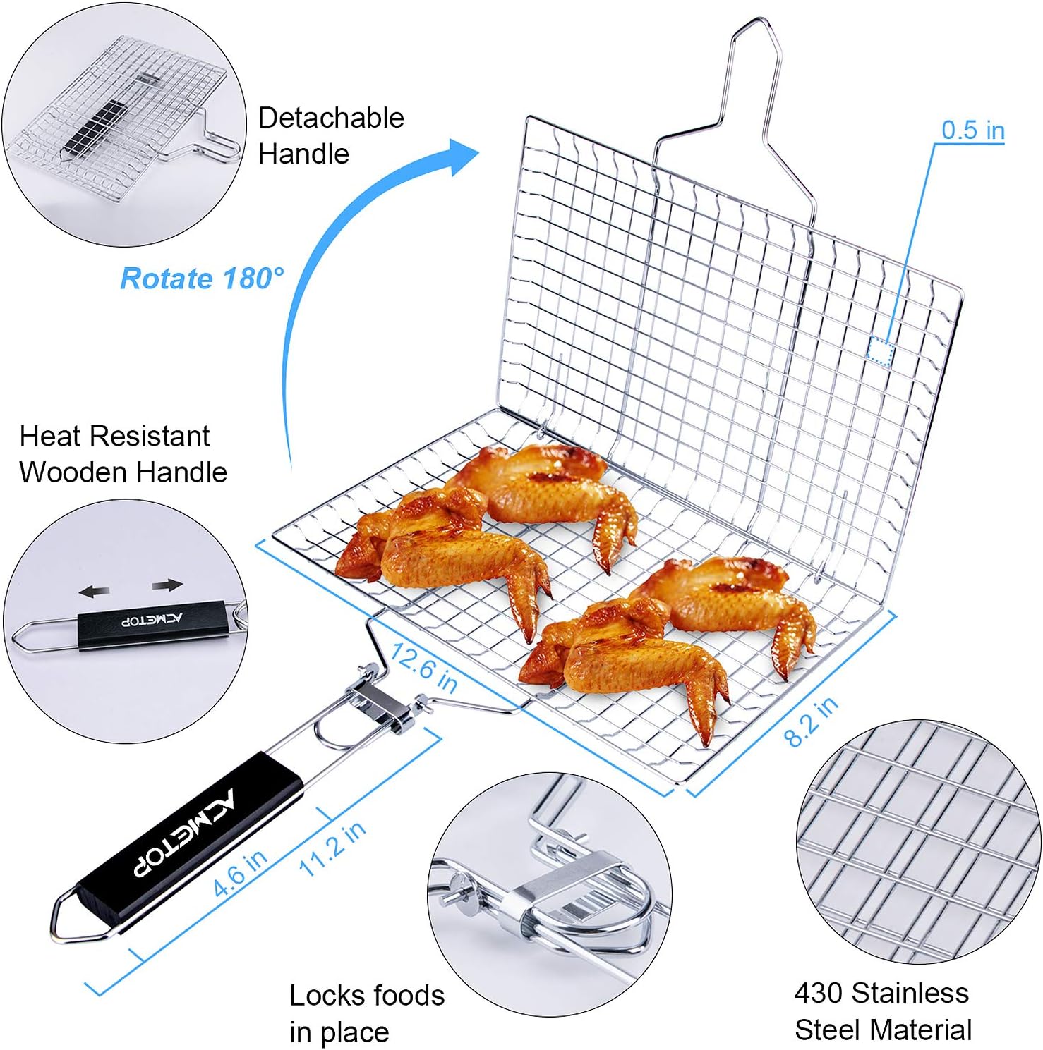 ACMETOP BBQ Grill Basket, Stainless Steel Grilling Basket with Removable Handle, Perfect for Grilling Vegetables, Fishes, Shrimp, Chops - Bonus an Grill Mat, Sauce Bottle Brush and Carrying Pouch : Garden & Outdoor