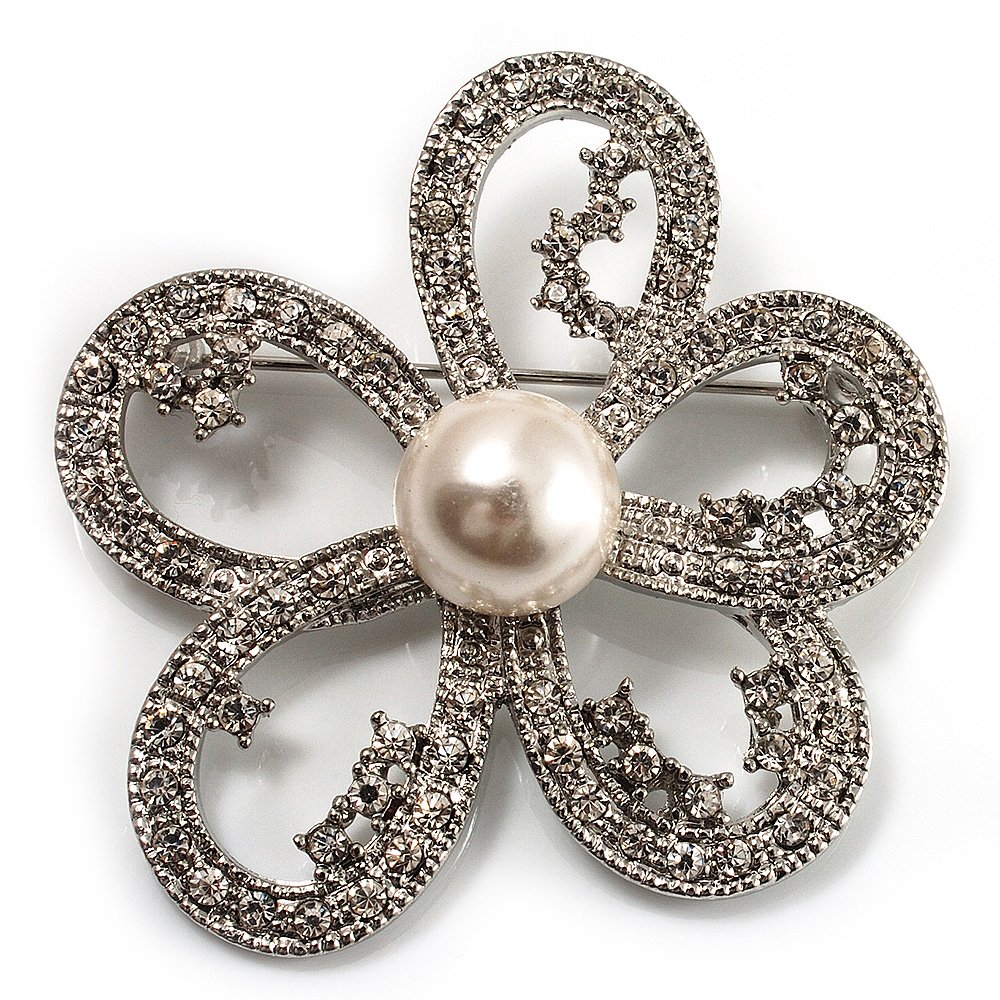 Bridal Diamante Simulated Pearl Daisy Brooch (Silver Tone)