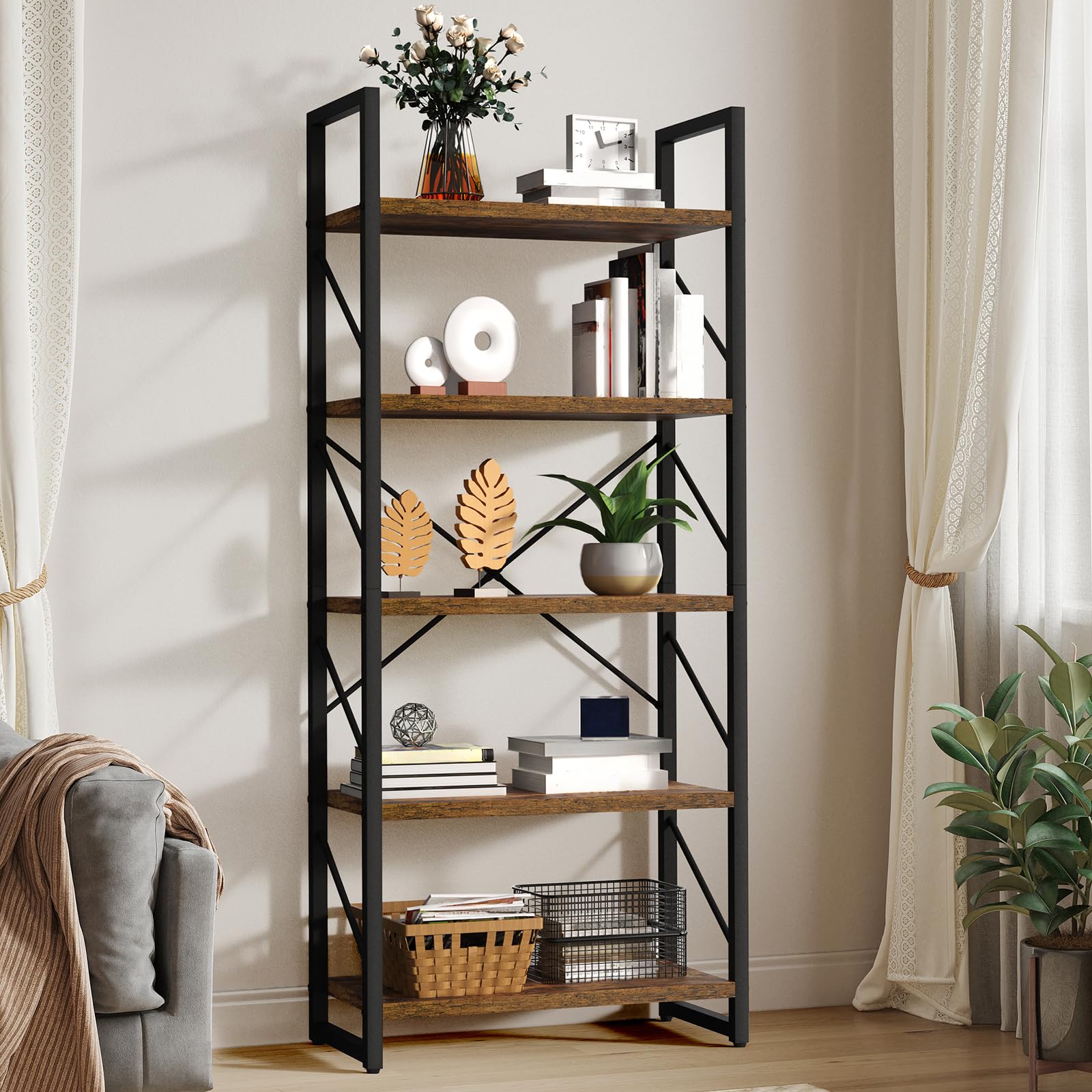 YITAHOME 5 Tiers Bookshelf, Artsy Modern Bookcase, Storage Rack Shelves Books Holder Organizer for Movies in Living Room/Home/Office - Rustic Brown Image YITAHOME 5 Tiers Bookshelf, Artsy Modern Bookcase, Storage Rack Shelves Books Holder Organizer for Movies in Living Room/Home/Office - Rustic Brown Image