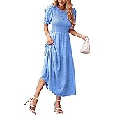 dowerme Womens Summer Dresses 2026 Casual Puff Short Sleeve Crewneck Smocked Flowy Ruffle Boho Beach Party Maxi Sundress