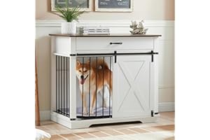 EDYO LIVING 38" Large Dog Crate Furniture with Sliding Barn Door, Wooden Dog Kennel with Drawer for Storage, Water Resistant Indoor Furniture Style Dog Crate for Small/Medium/Large Dog, White