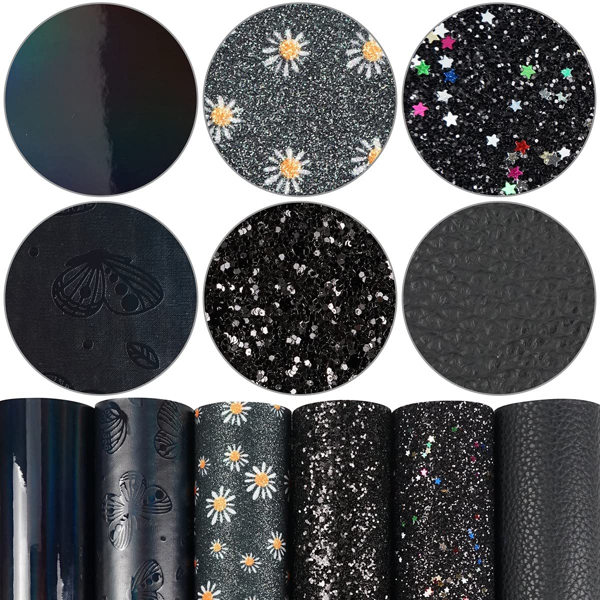 Photo 1 of ** 3 PACK-DIFFERENT COLORS** Litchi 6 Pack 8x12 Inch Faux Leather Sheets for Bow Earring, Easy to Cut Vinyl Fabric for Cricut, Durable Fade Resistant Leatherette Without Smell, Black Series