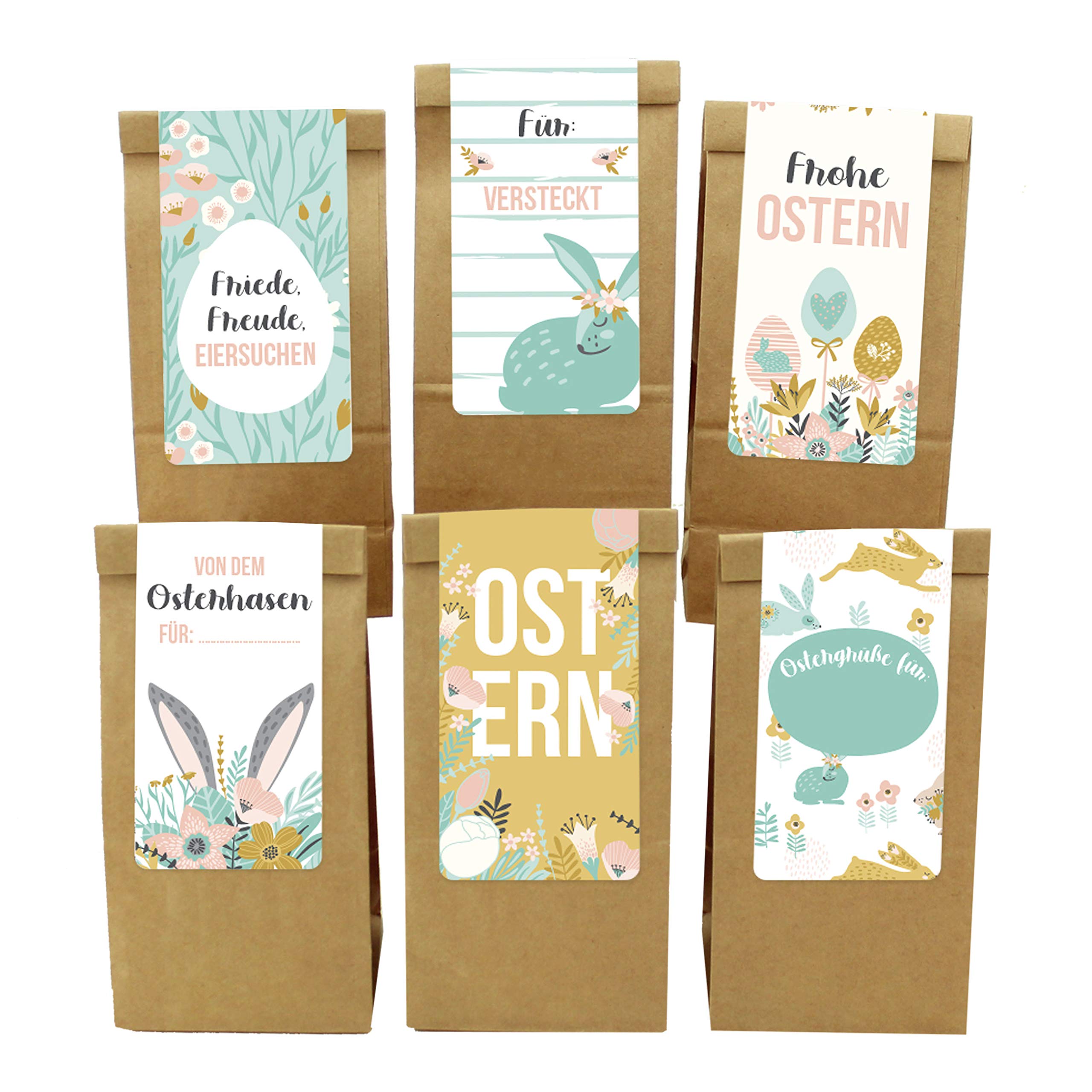 Papierdrachen 12 Easter Bags with Rectangular Stickers - Spring Motif - for Children and Adults - Alternative Easter Nest for Filling - Set 21