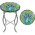 MUMTOP Outdoor Side Table - Small Mosaic Patio Table, 14” Round Accent End Coffee Table Glass Plant Stand for Garden Patio Living Room(Peacock)