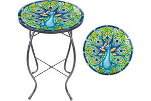 MUMTOP Outdoor Side Table - Small Mosaic Patio Tables, 14” Round Accent End Coffee Glass Plant Stand for Garden Living Room(P