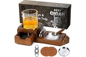 Oaksea Gifts for Men Dad Husband, Multiplayer Wooden Cigar Ashtray with Whiskey Glass Tray and 2 Coasters, Cigar Accessories, Cigar Gift Set with Cigar Cutter for Outdoor Patio Home Traveling