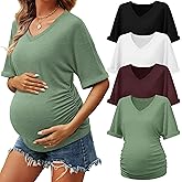 Oakgarden 4 Pack Women's Maternity Shirts V Neck Half Sleeve Tunic Blouse Side Ruched Tee Tops Pregnancy Mama Clothes