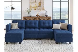 Belffin Reversible Storage Modular U-Shape Sectional Sofa Couch with Double Chaises Modular Sectional Sofa Set with Ottomans Fabric Blue