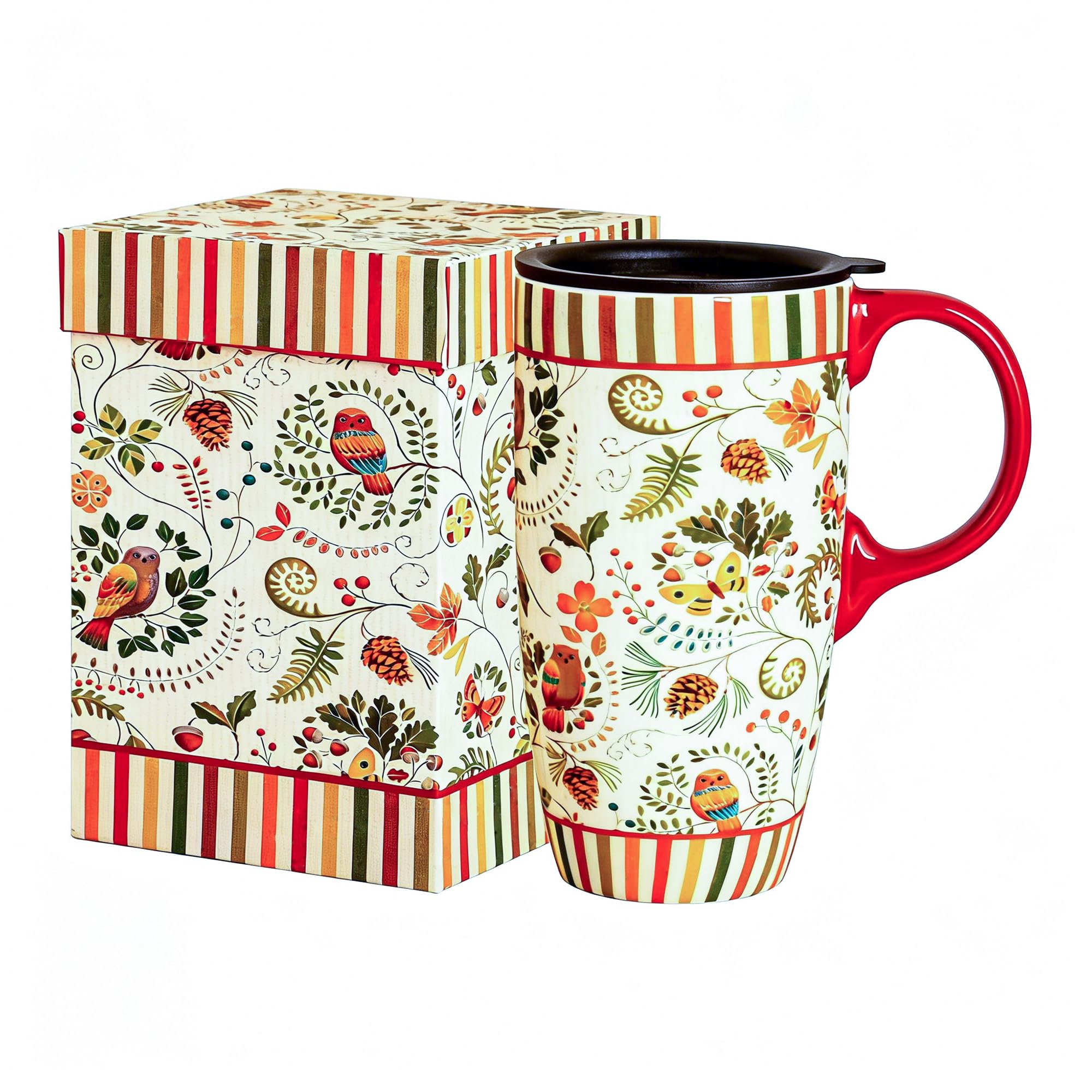 DUSVALLY Ceramic Mug Large Coffee Mug Tall Travel Cup Porcelain Latte Tea Cup with Lid and Handle,17oz.Flower