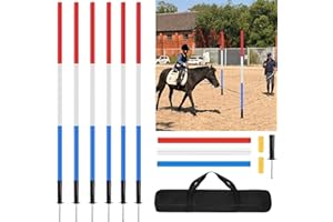 Aqwxc 6 Pcs Pole Bending Poles for Horses with Bag, 6FT Horse Training Agility Poles Adjustable Training Equipment for Dog, Red White Blue with Metal Spring Ground Nail ﻿