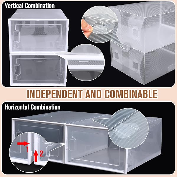 CROBLISSFUL 24 PACK LARGE SHOE STORAGE BOX FIT SIZE 10 SOFT PLASTIC CLOSET CLEAR SHOE ORGANIZER WITH LIDS, DETACHABLE STACKABLE CONNECTABLE HORIZONTALLY VERTICALLY FOLDABLE SNEAKER STORAGE BIN