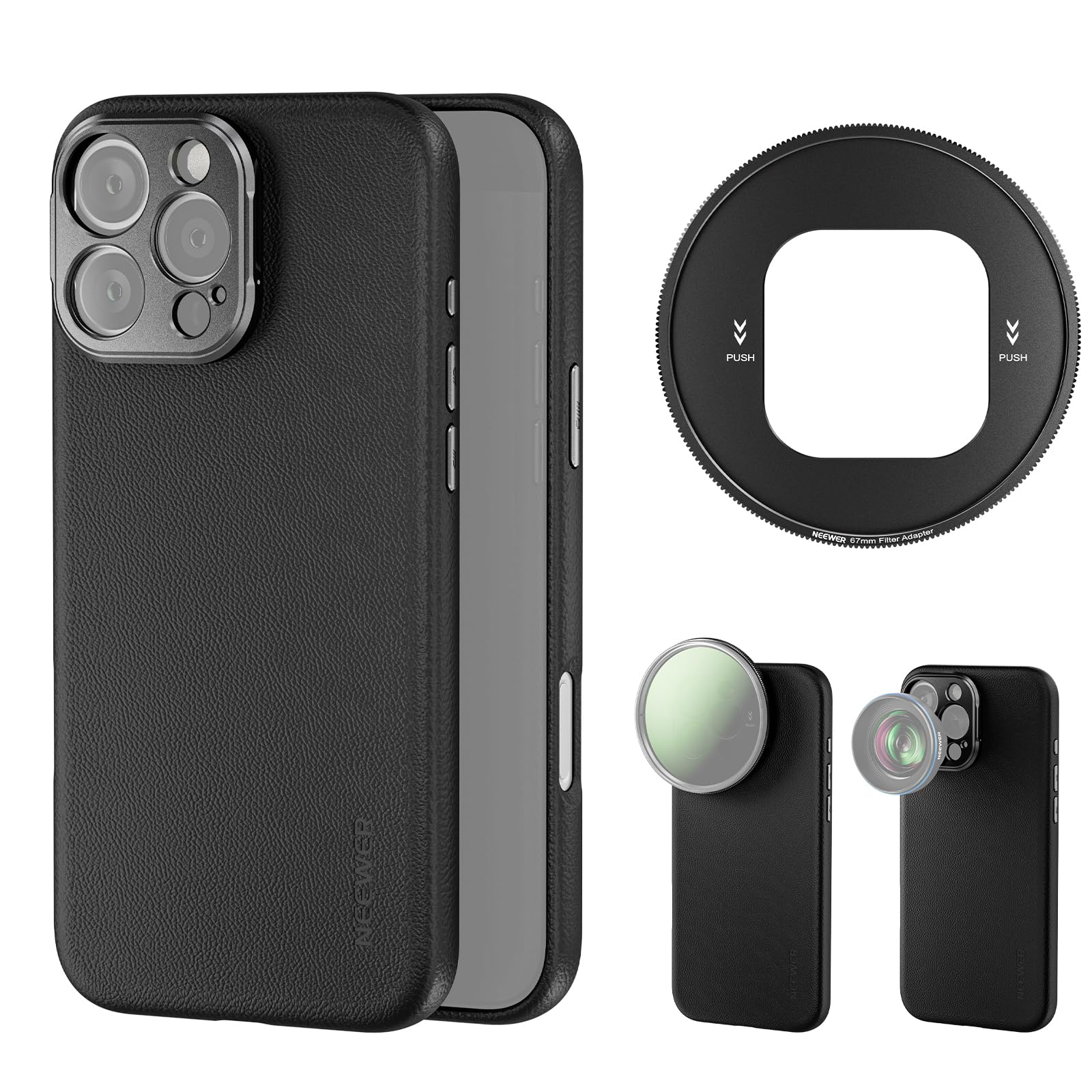 NEEWER Phone Case for 16 Pro Max, TPU/PC Protective Heavy Duty Case with 17mm Lens Mounts, 67mm Thread Filter Adapter, Nonslip Faux Leather, Compatible with iPhone 16 Pro Max MagSafe, PA084 Black