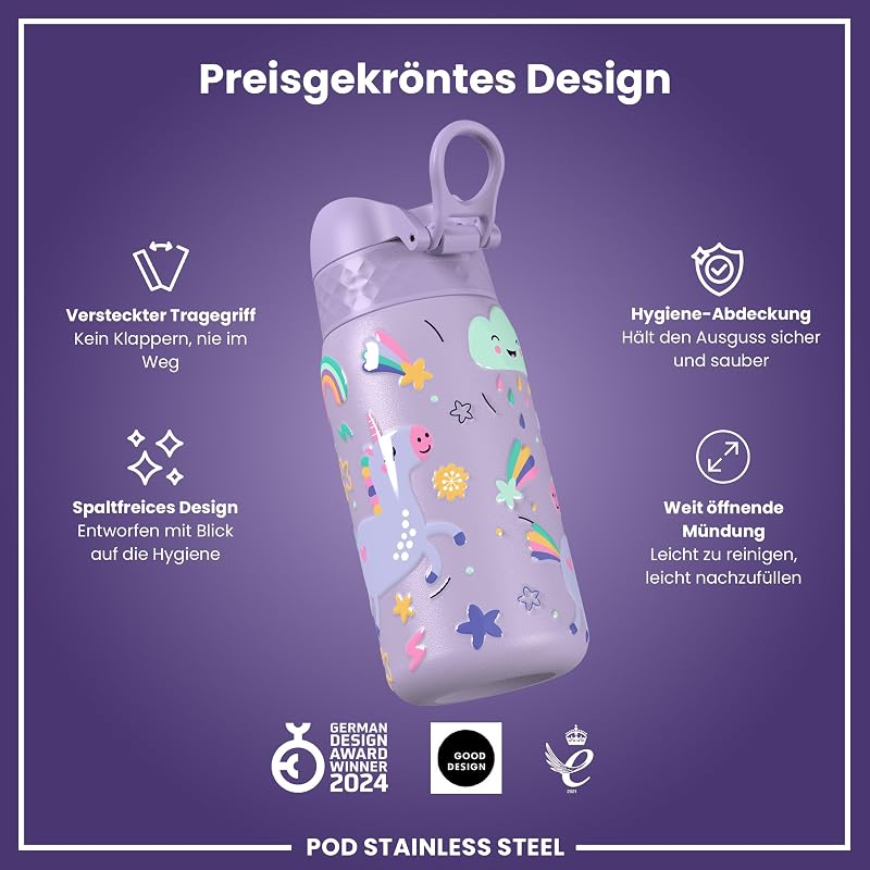 Kinder Trinkflasche Edelstahl Leicht 400ml Nicht Isoliert Auslaufsicher Einhandöffnung Sichere Verriegelung Spülmaschinenfest Klappdeckel Leicht zu Reinigen, Violett Einhorn