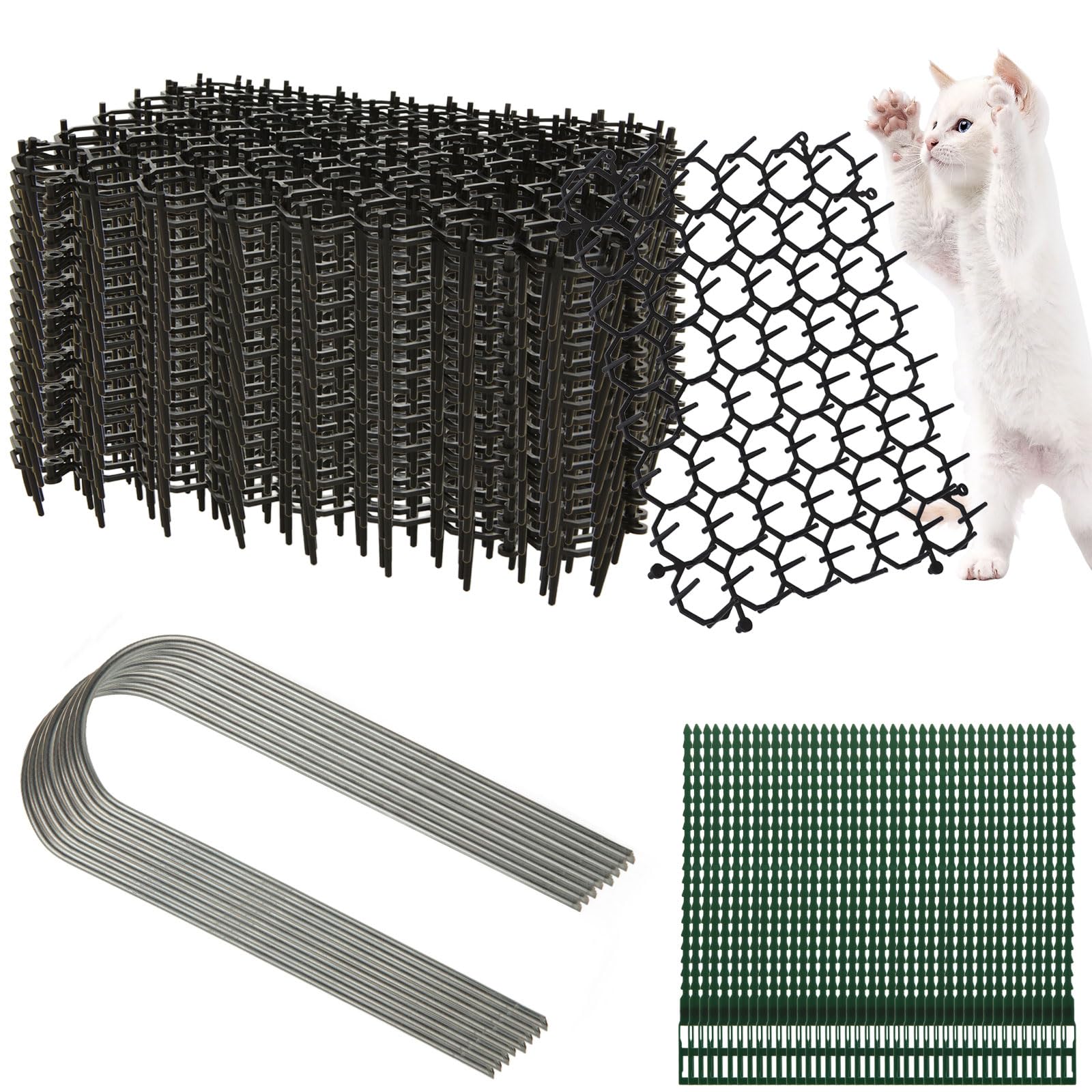 WOPPLXY 20 PCS Cat Scat Mat with Spikes - 15cm x 20cm Plastic Cat Repellent Mat with Spikes - Animals Fox Cat Deterrents for Garden, Christmas Trees - Anti Cat Mat with U-Shaped Pegs and Cable Ties