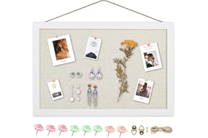 AKTOP Cork Board Bulletin Board with Linen 16.7" X 11", Small Framed Corkboard for Wall, Hanging Pin Board Picture Board for Home Office Decor, Cute Vision Board with 8 Pushpins (Vintage White)