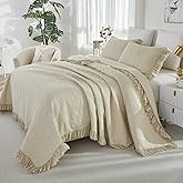 Brandream King Size Quilt Set Cotton Beige Quils Shabby Chic Luxury Farmhouse Quilts Ruffle Bedspread 3-Piece