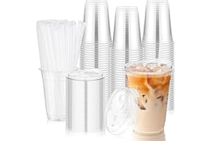 100 Pack Clear Plastic Cups with Sip Lids & Straws,16 oz Disposable Iced Coffee Cup for Party Picnic Catering Wedding to Go C