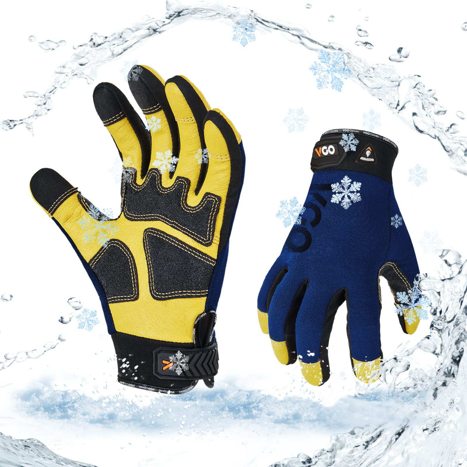 Vgo... Waterproof Thermal Gloves Men for Working Multipurpose with Touchscreen, 3M Thinsulate Lining Cold Weather Winter Safety Gloves for Freezer Garden Driver, Antibrasive Palm in Pig Leather