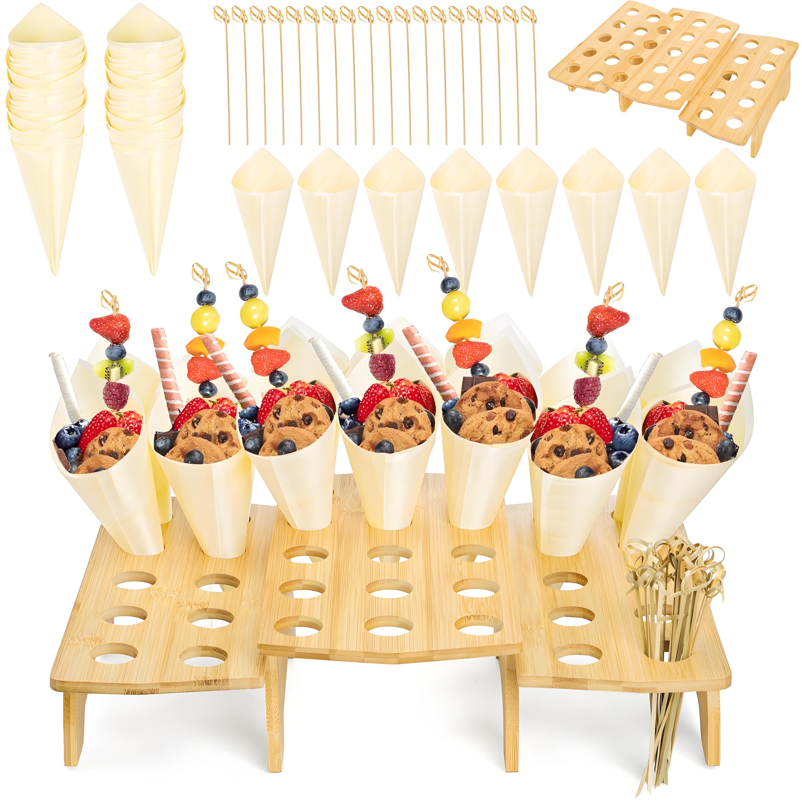 Photo 1 of Acshio Wooden Ice Cream Cone Holder Stand, 35 Holes Food Cone Holder for Buffet with 100 Wooden Cones 100 Bamboo Sticks, Disposable Cone Display Stand Snack Tray for Desserts, Charcuterie, Restaurant